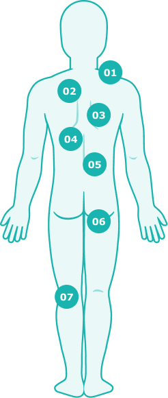 Grafismo cuerpo humano con numeración de problemas que soluciona la fisioterapia